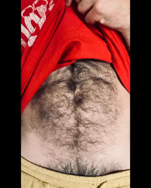 Hairy belly and peekaboo bush. Rub me for good luck?