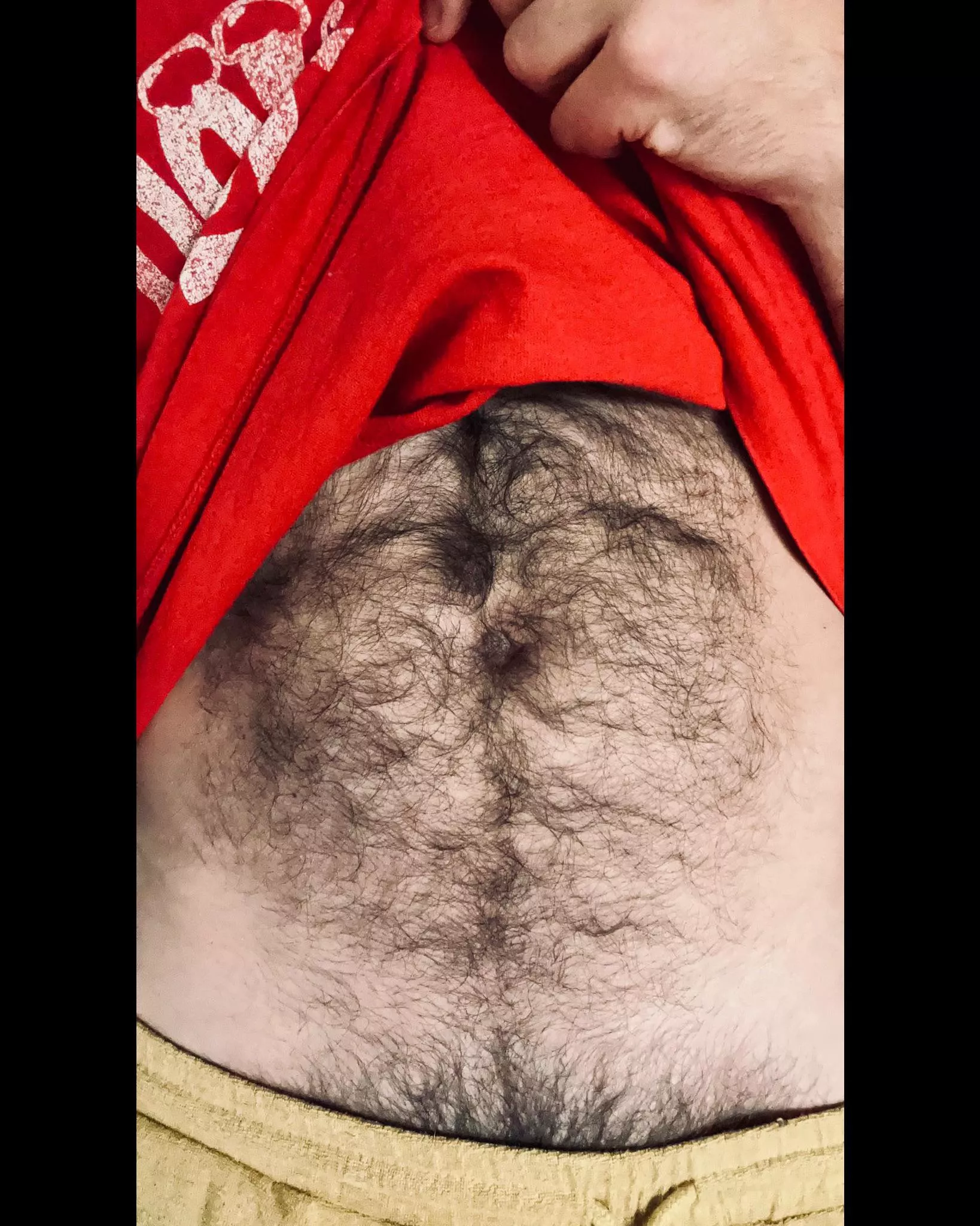 Hairy belly and peekaboo bush. Rub me for good luck?