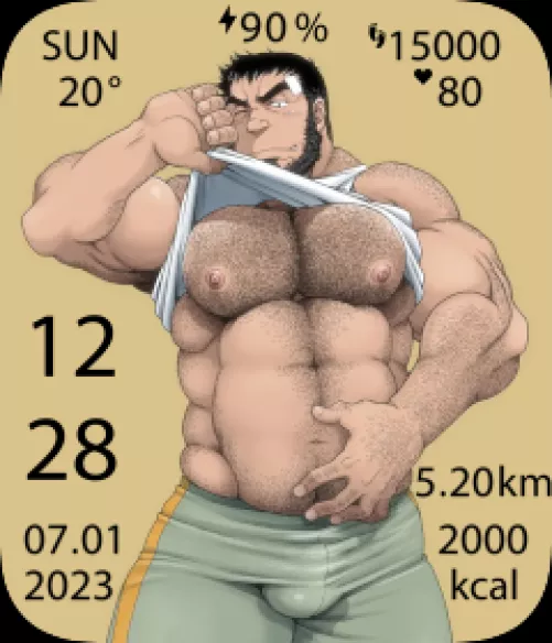 Just Bought an Amazfit Bip 3 Pro Smartwatch and Made a Bara Watch face in Celebration. Artist: Takaku Nozomu; Doujinshi: Drive That Man Into a Frenzy; Character: Koyama Hajime