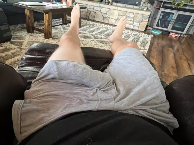 Cock ring + thin grey shorts equals obvious bulge