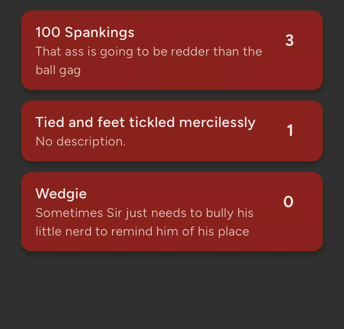 Any suggestions for new punishments for Sir to give me?