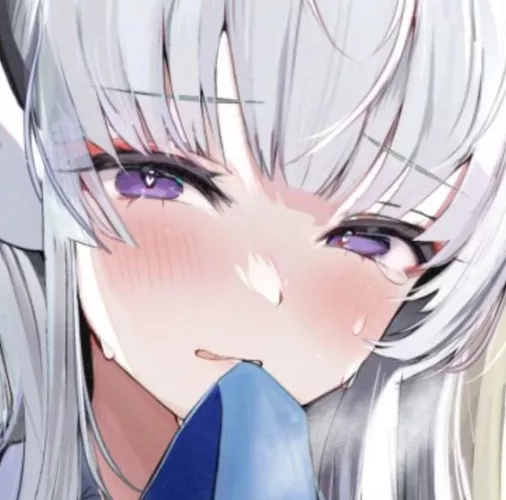 LF Color Source: 1girl, silver hair, long hair, heart shaped pupils, blush, sweat, purple eyes, face, close up, earwear, blue archive, ushio noa, shy, sidelocks, straight hair, bangs, blue necktie, silver shirt, tears, necktie on mouth, silver eyebrow, t
