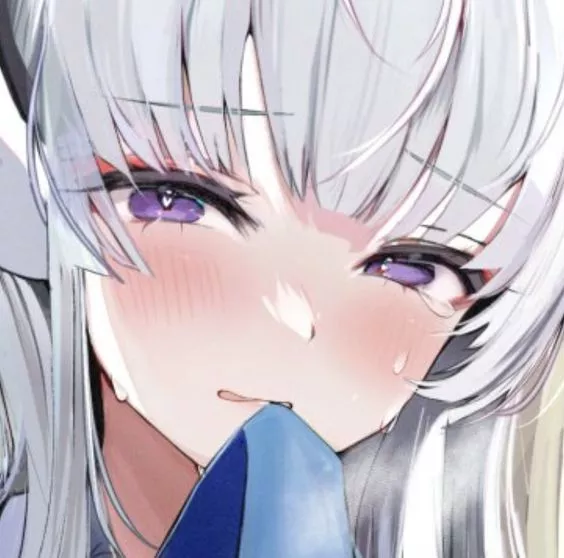 LF Color Source: 1girl, silver hair, long hair, heart shaped pupils, blush, sweat, purple eyes, face, close up, earwear, blue archive, ushio noa, shy, sidelocks, straight hair, bangs, blue necktie, silver shirt, tears, necktie on mouth, silver eyebrow, t