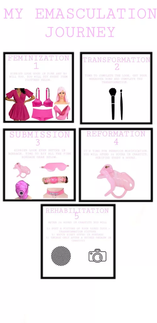 My 5 step process to achieve total emasculation for myself. I am eager and nervous to begin my journey. Should I document my journey? If I do, what should be documented and would other sissies find a timeline helpful?
