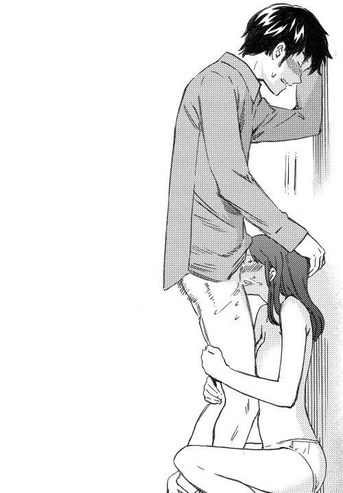 LF Mono Source: 1boy, 1girl, against wall, black hair, closed eyes, dark hair, fellatio/blowjob, from side, grey shirt, hand on another's head, head grab, irrumatio, long hair, panties, squatting, standing, sweat, topless, white background