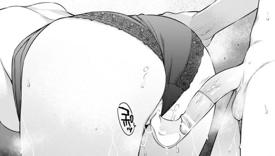 Mono 1boy, 1girl, after sex, ass grab, bent over, black panties, cum, doggystyle, foreign text, from behind, hand on another's ass, hanging breasts, head out of frame, lace-trimmed panties, large breasts, panties aside, pussy juice, sfx, sweat, uncensor
