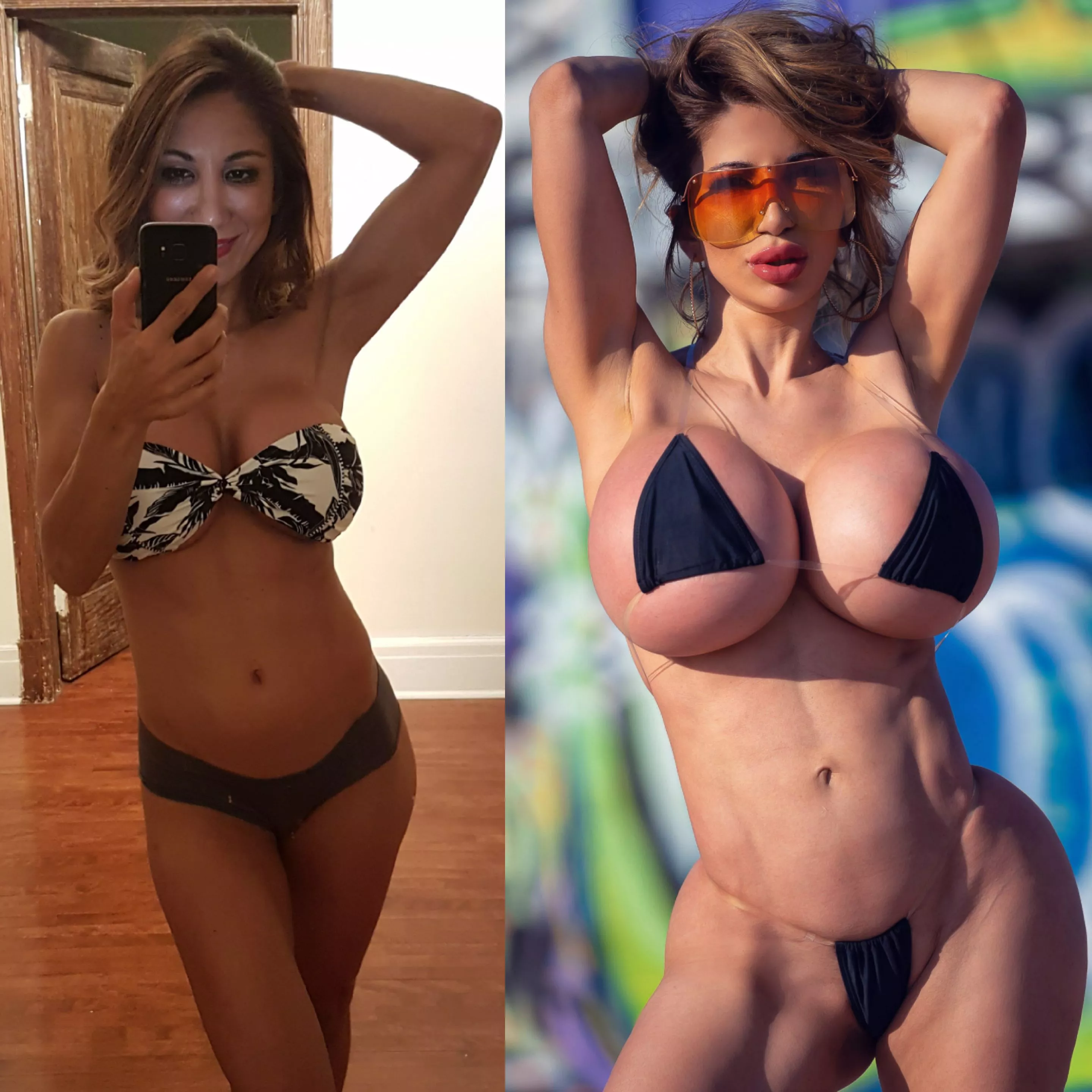 Skinny (41yrs/800cc) vs Busty Muscular full Butt & Breast enhancements (48yrs/2500cc)