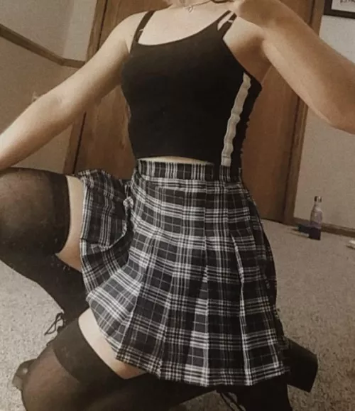 Thigh high stockings, short skirt, and nothing on underneath 😚😏