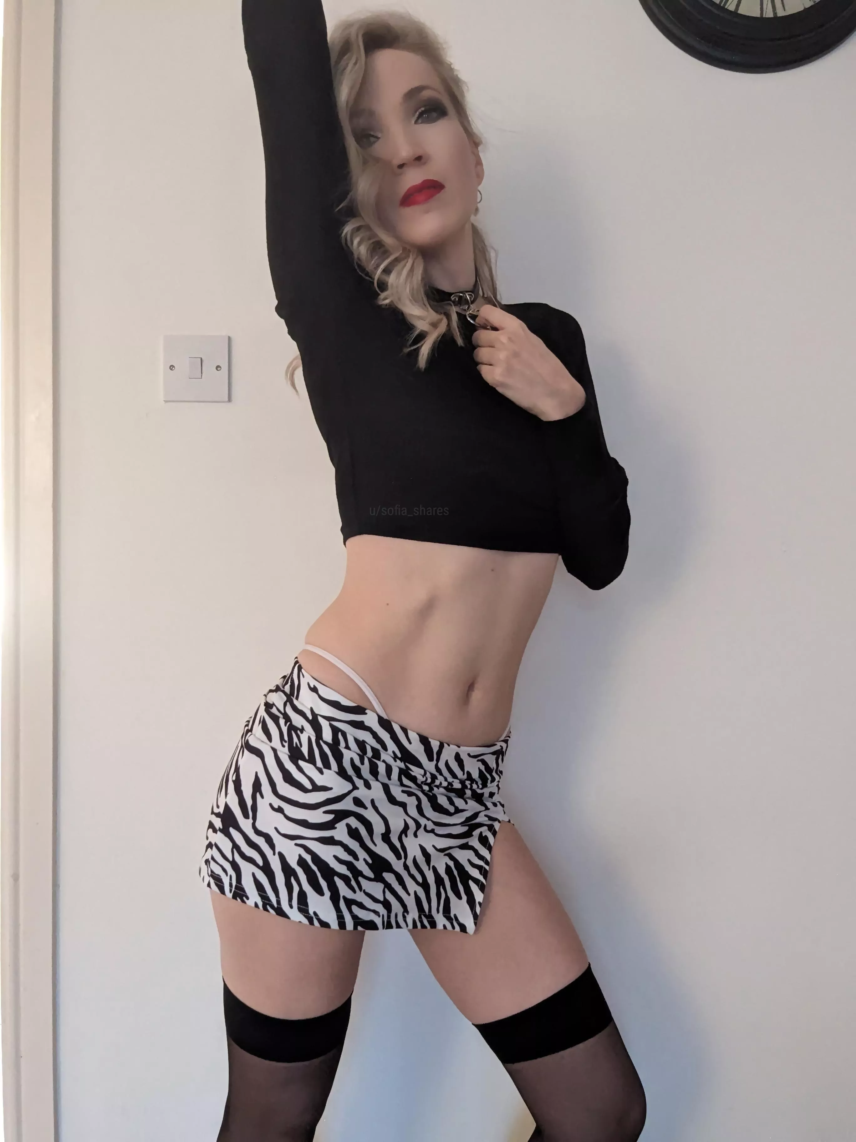 Zebra print on a miniskirt always works…but I think the thong, collar and hold ups definitely help! 🔥