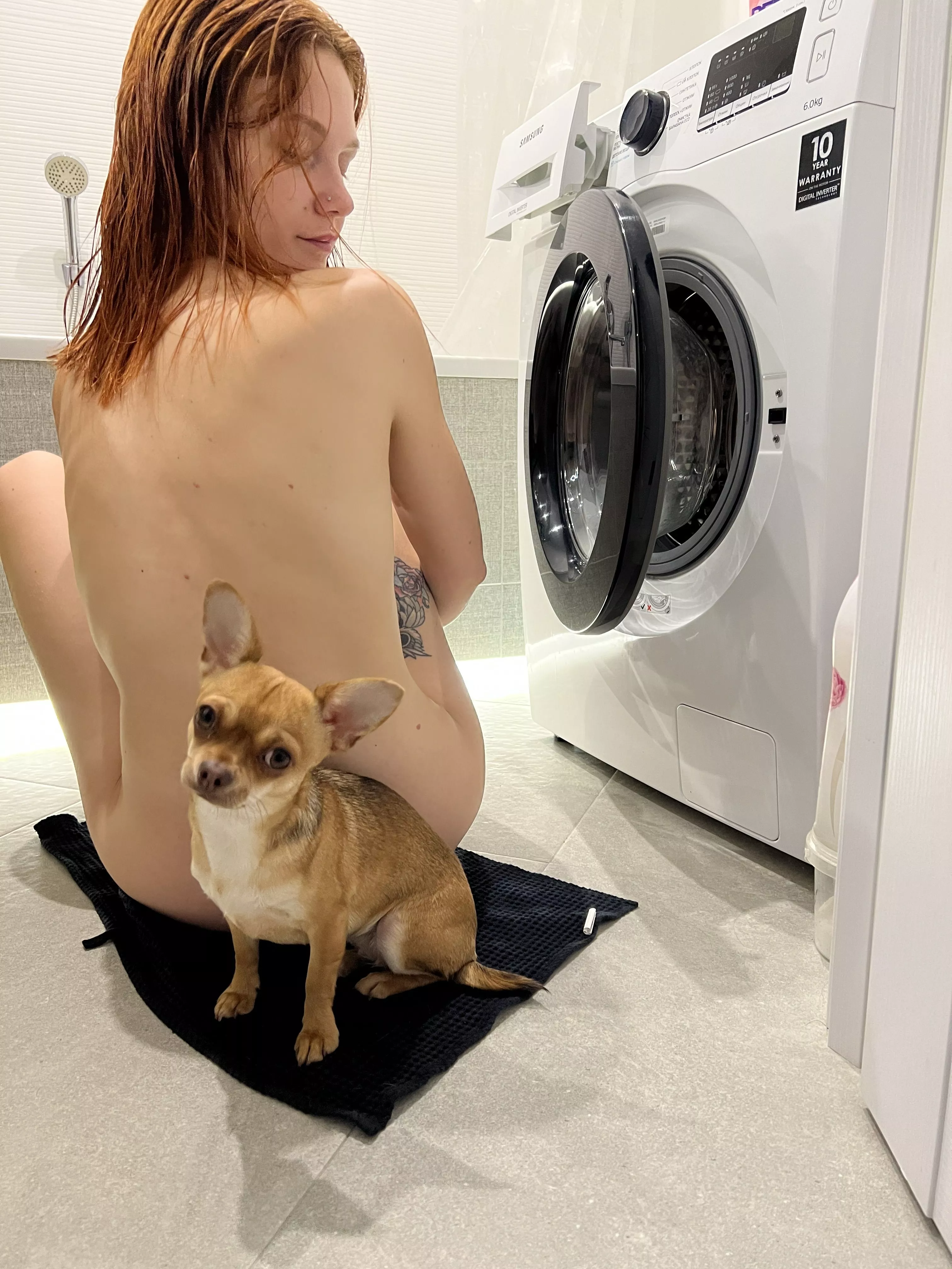 I always wash in the company of a dog