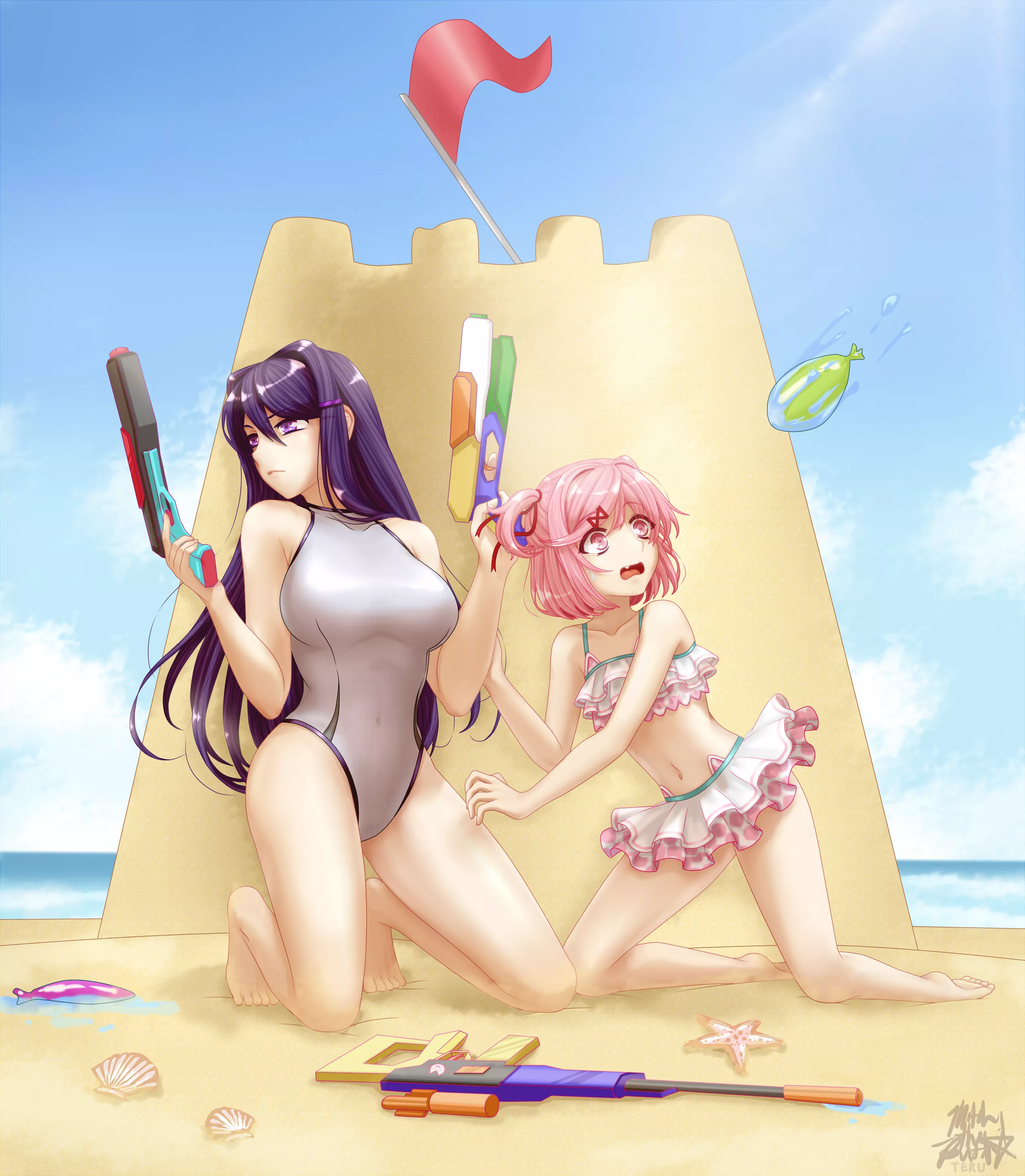 Natsuki & Yuri at the beach [Doki Doki Literature Club, Art: 当Teru]