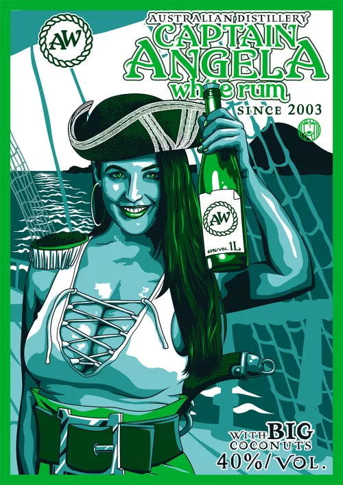 Captain Angela white rum t shirt illustration