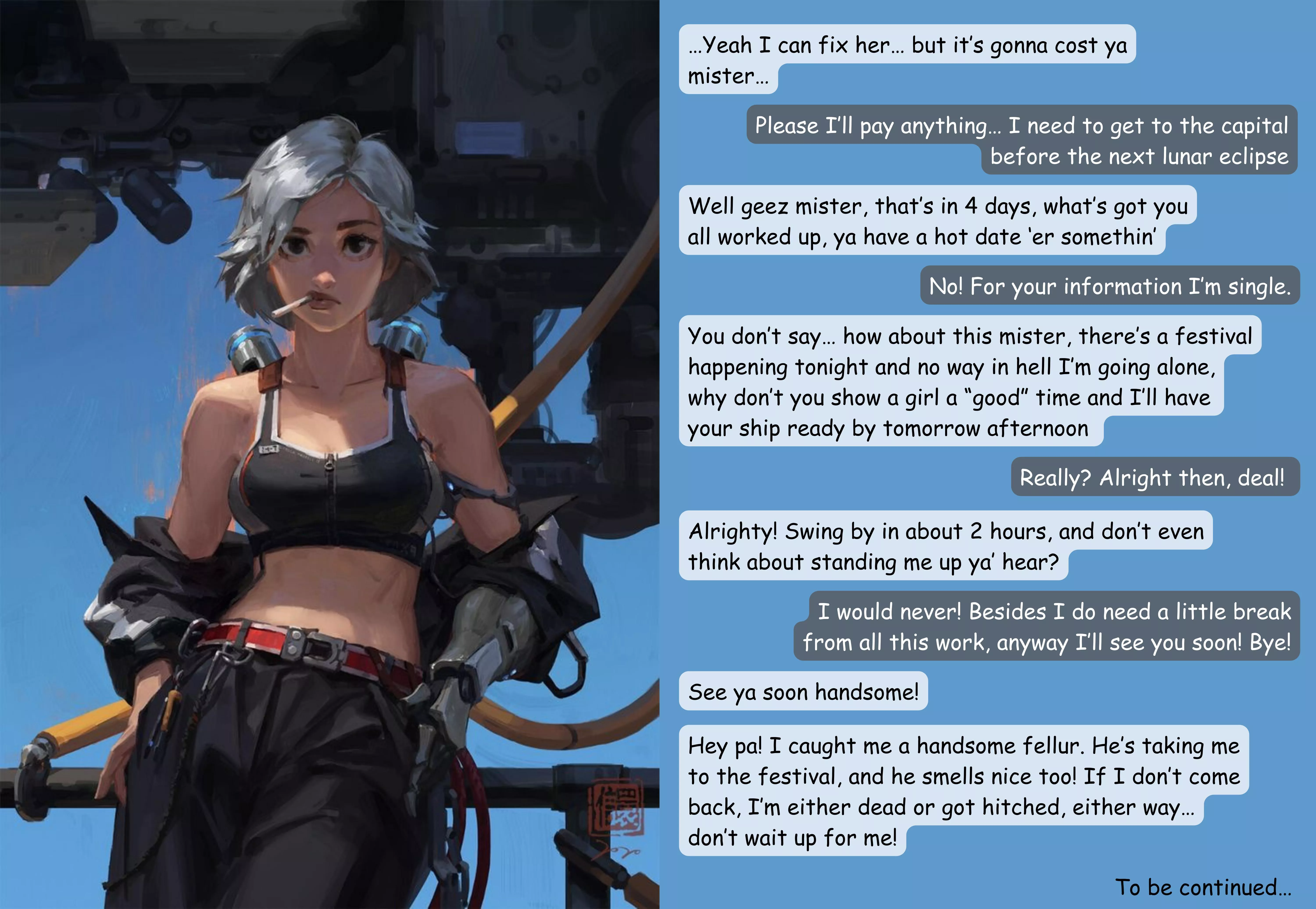 Mechanic girl has taken an interest in in you [Flirting] [NoSex] [Date] [Wholesome] [Comedy] [PEACHYVAULT] [POV] [Mechanic] Artist: @666KArt (Twitter)