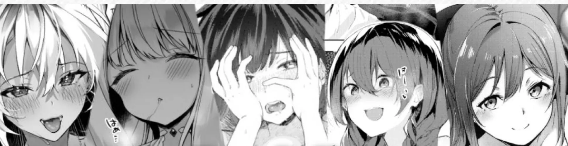 Mono 1girl 5girls ahegao black_hair blush braid close-up closed_eyes collage covering_face dark_hair dark_skin drool face hair_between_eyes hair_over_shoulder hands_on_own_face looking_at_viewer mole_under_eye open_mouth peeking_through_fingers sfx sidel