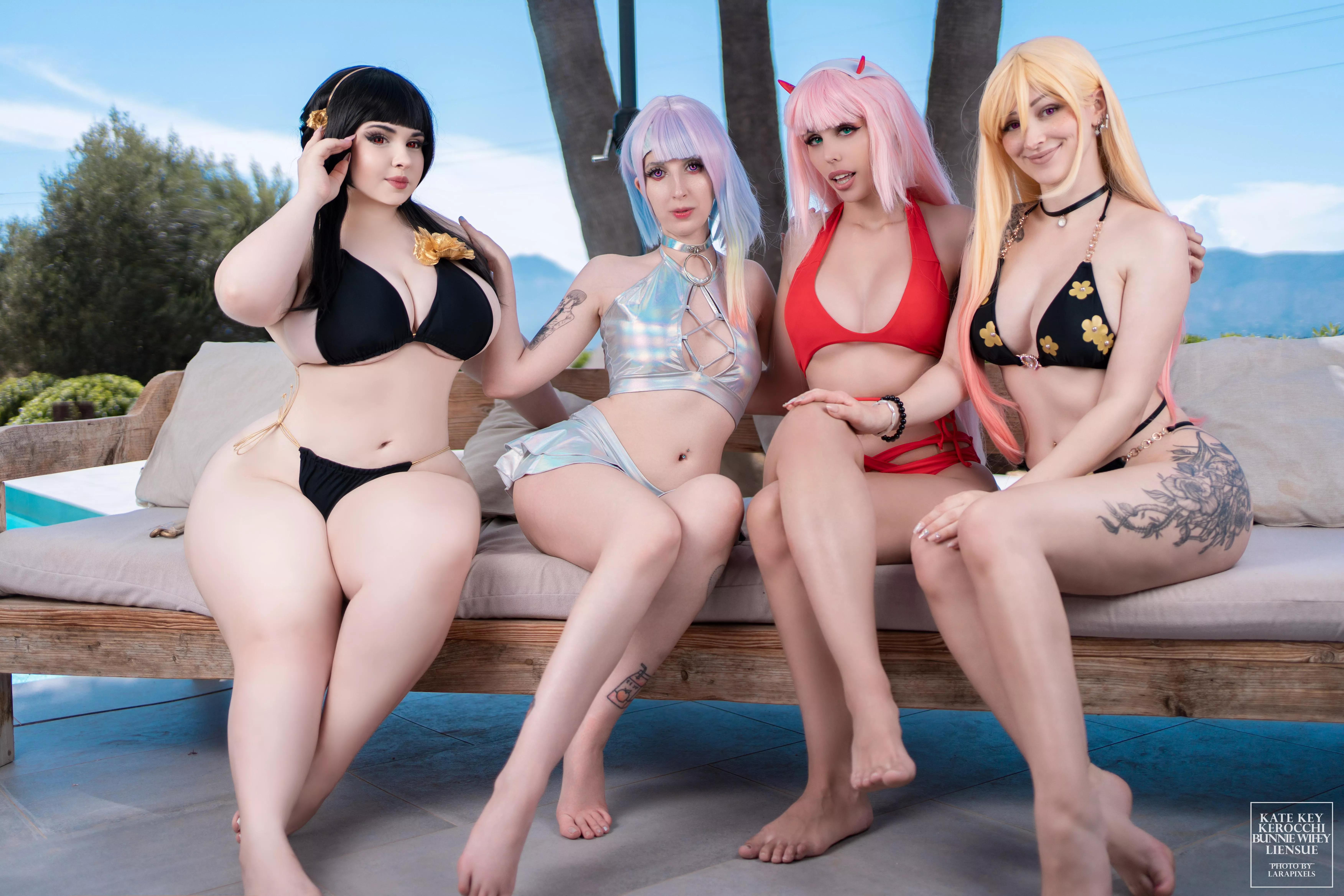 Summer Waifus! Yor Forger, Lucy, ZeroTwo and Marin crossover by Bunnie Wifey, Kerocchi, Kate Key and Liiensue