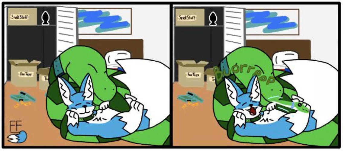 {comic} Feral me getting belly rubs from a lovely snake after I just had a ton of snacks (art by me)