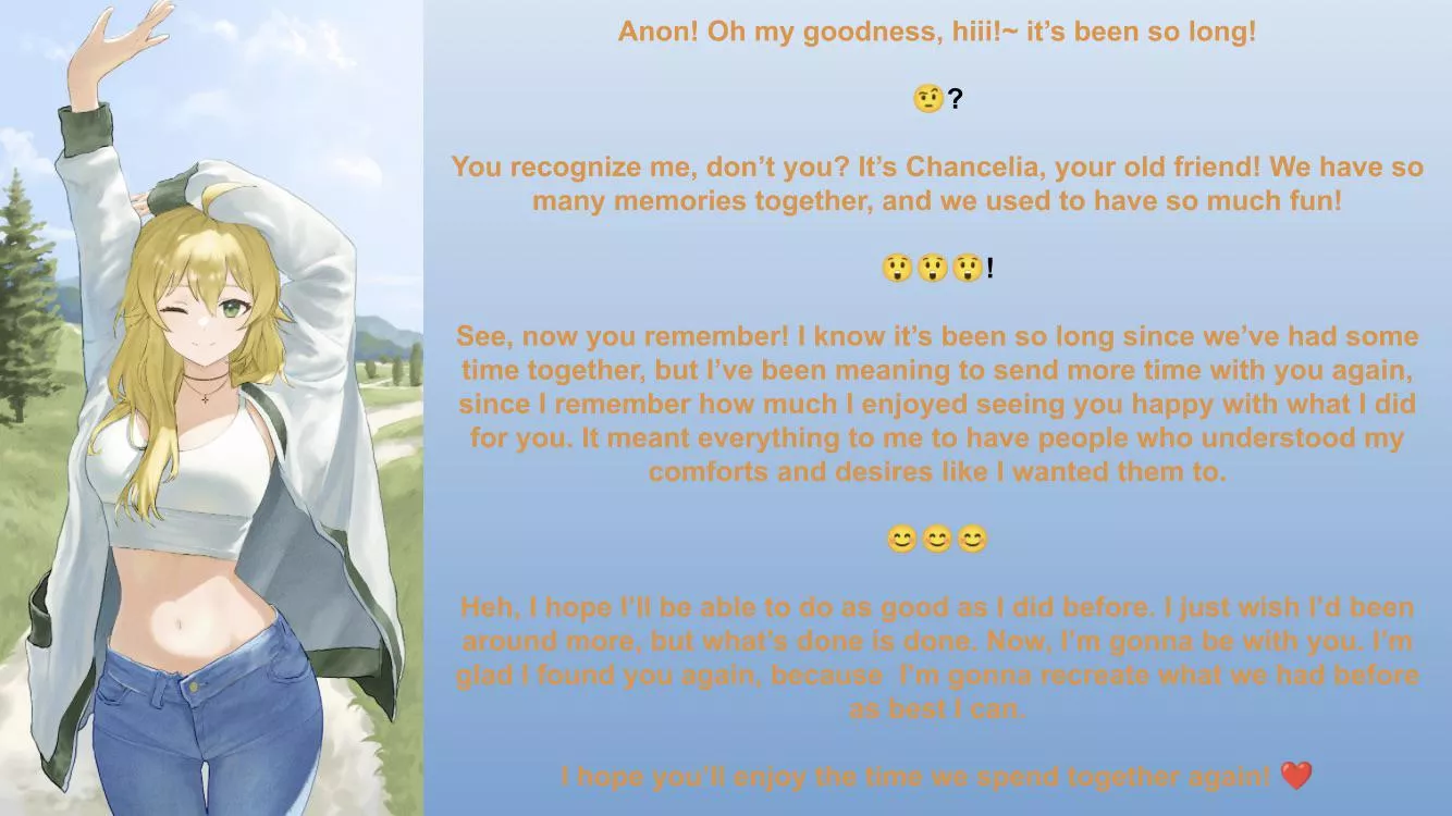 This is really just an allegory for me and you guys. I’m trying to come back. 😊 [Wholesome] [No Sex] [Reunion] [Love] {Artist: e ga ku}