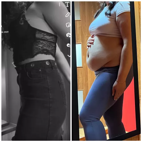 Oh noo 😳 what happend to my body? No one would ever look at me and think i was skinny 🐖 My whole belly just hangs over my waistbands now and im so embarassed