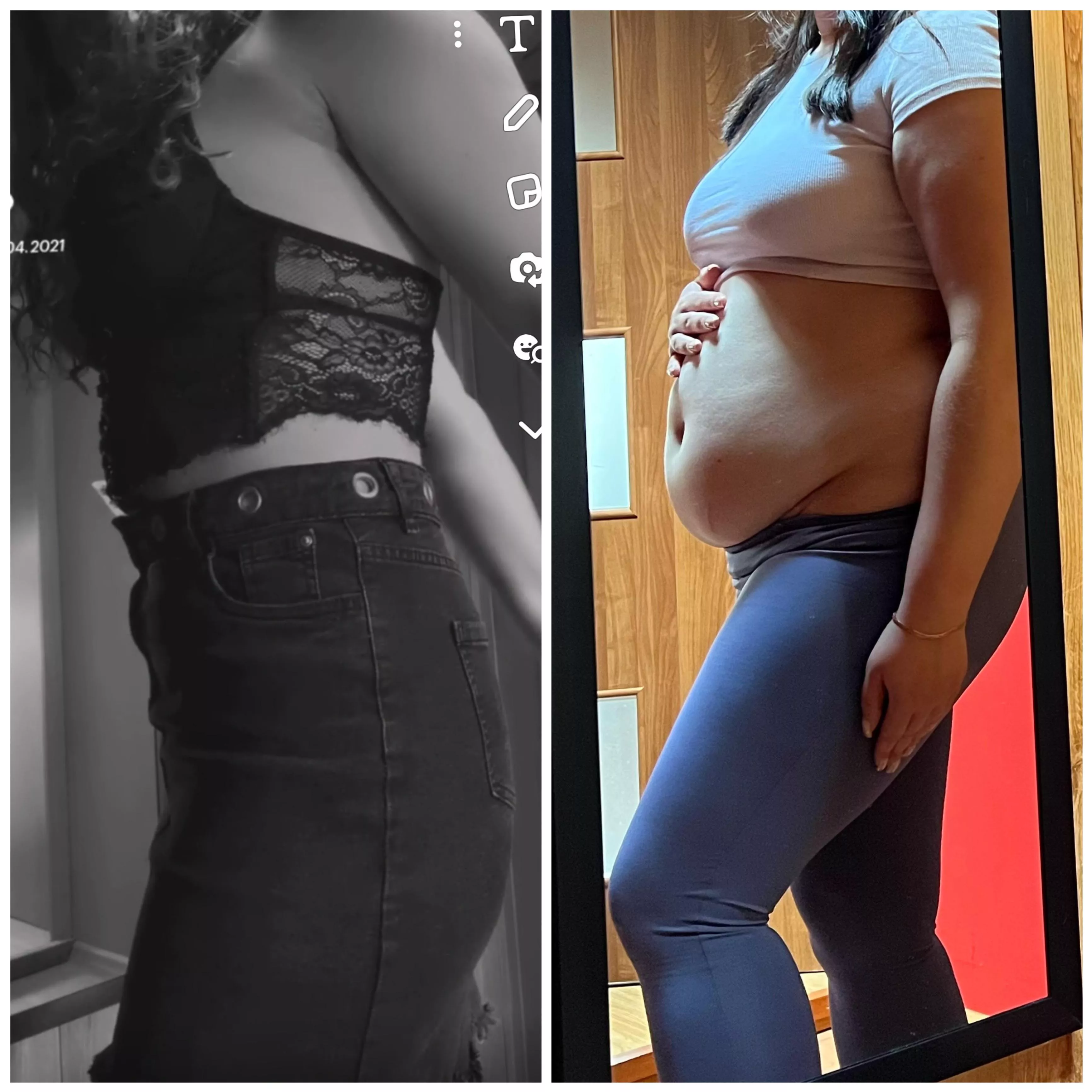 Oh noo 😳 what happend to my body? No one would ever look at me and think i was skinny 🐖 My whole belly just hangs over my waistbands now and im so embarassed