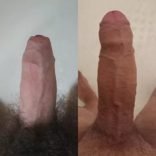 @halfman500's 5-6 inch cock (left) compared to my 7 inch (right) which one do you prefer? Leave a comment!