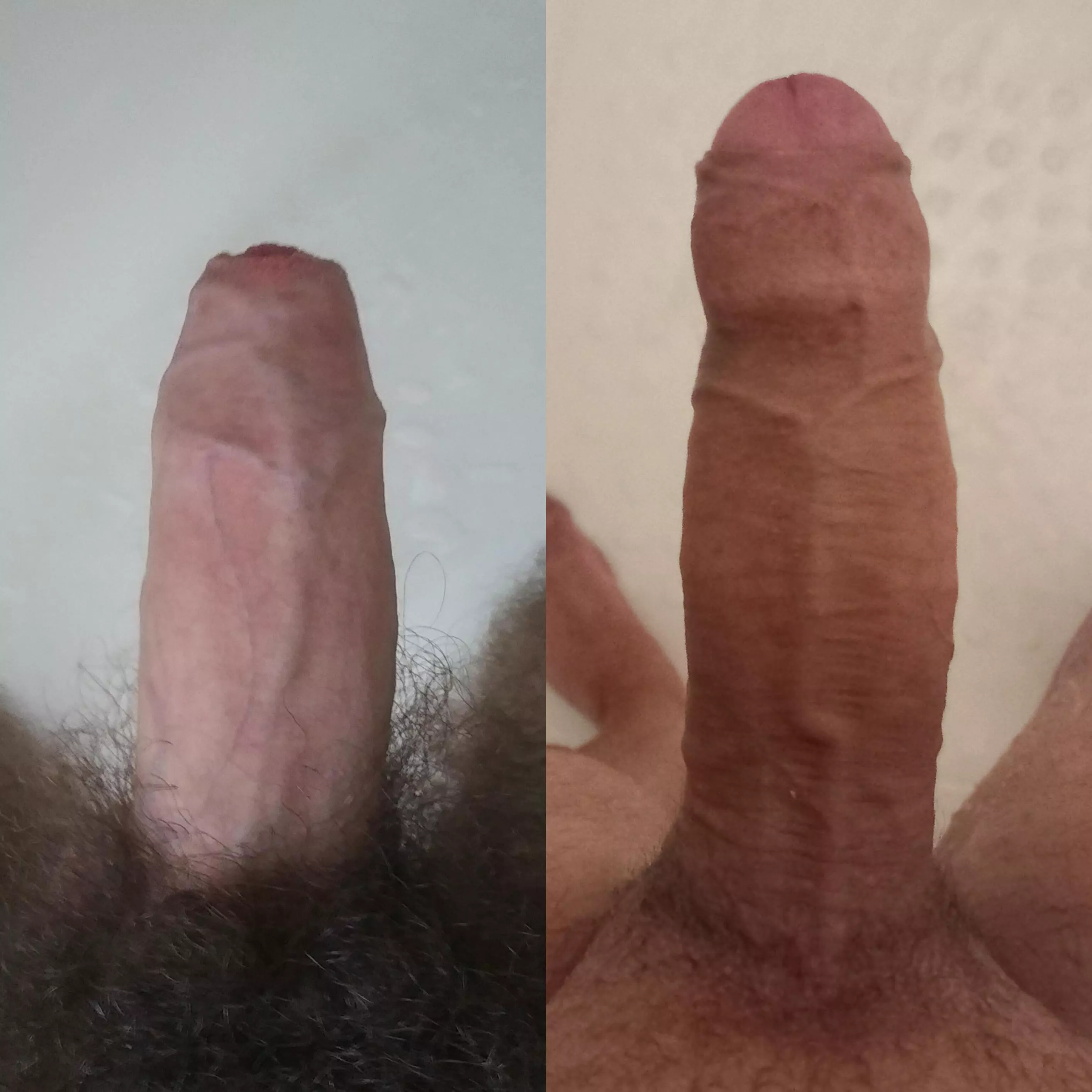 @halfman500's 5-6 inch cock (left) compared to my 7 inch (right) which one do you prefer? Leave a comment!