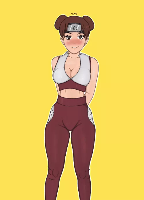Tenten wearing leggings