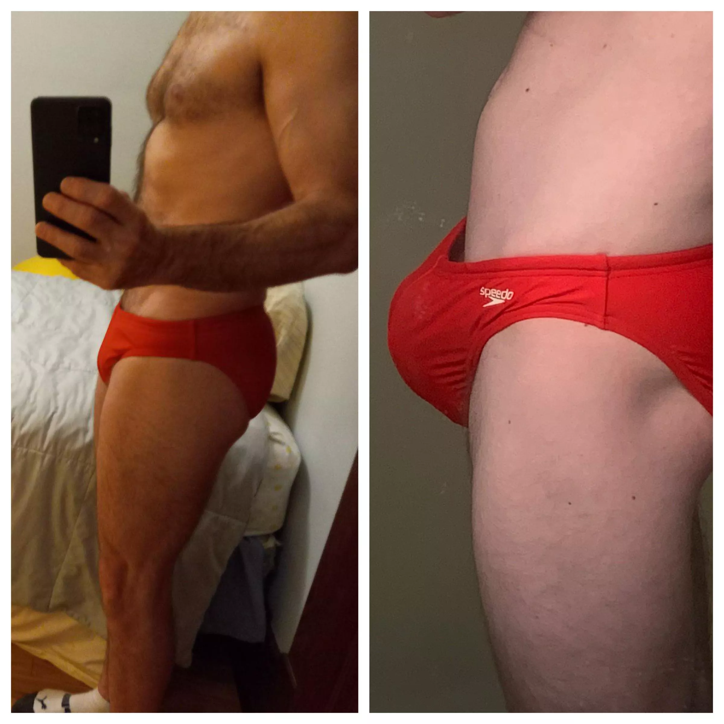 Me (right) vs u/Luvoldcrap (left) in speedos. He wanted me to post so everyone can see the size difference.