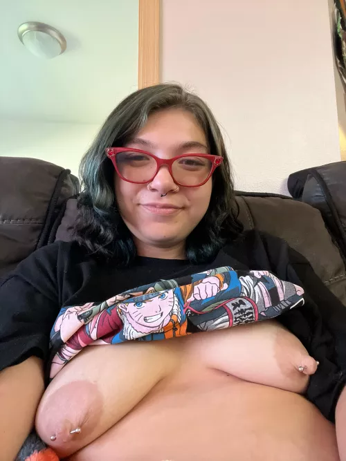 Sitting on my boobs waiting to be pulled longer