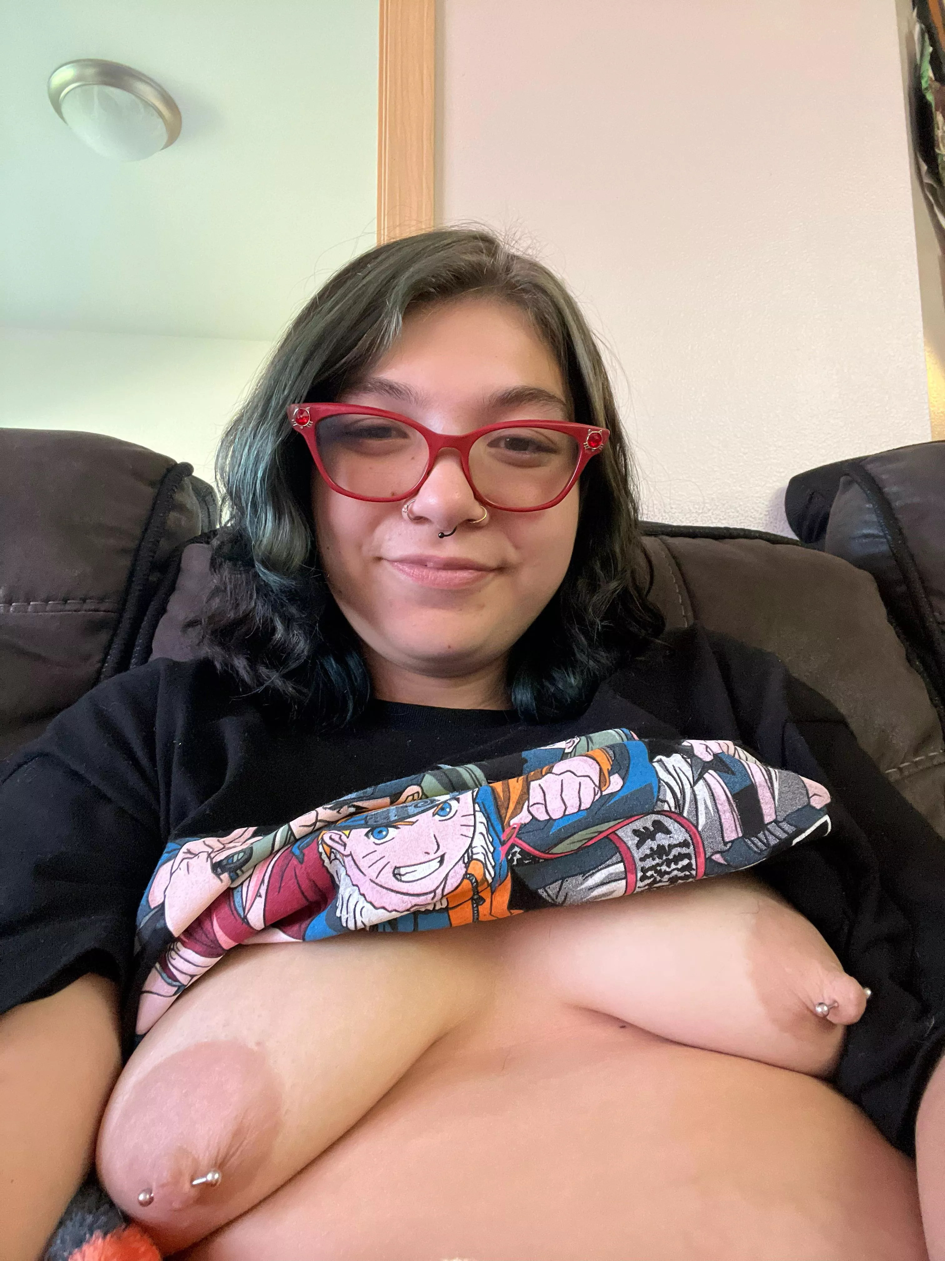 Sitting on my boobs waiting to be pulled longer