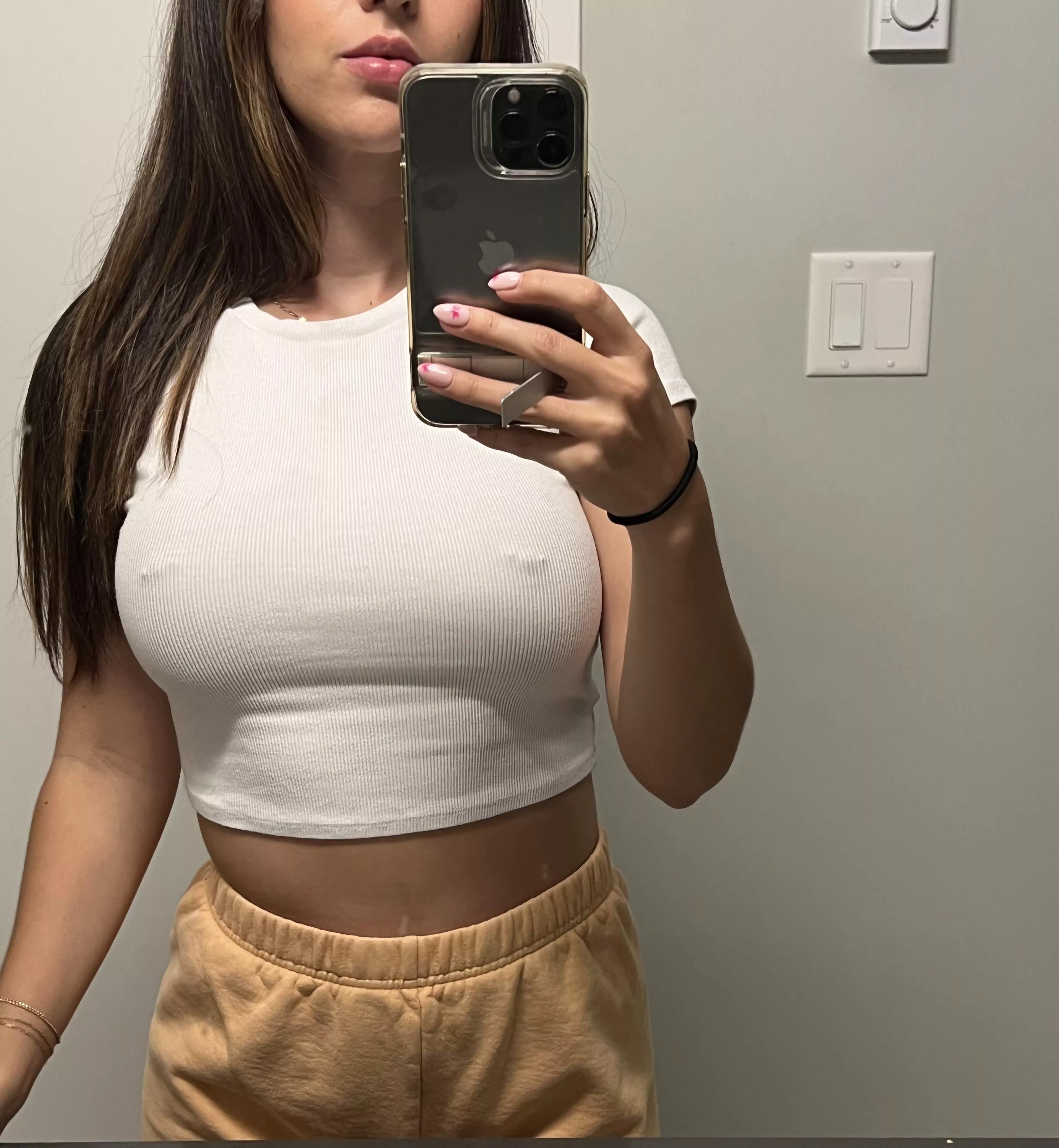 White T-shirt and braless 😍