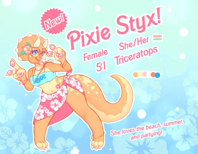 My recently redesigned sona, Pixie! (art by me)