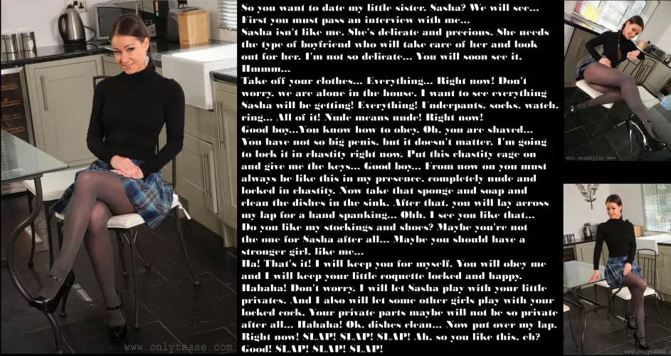 Nude in chastity in the kitchen