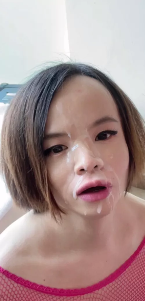 Asian sissy get a cum facial