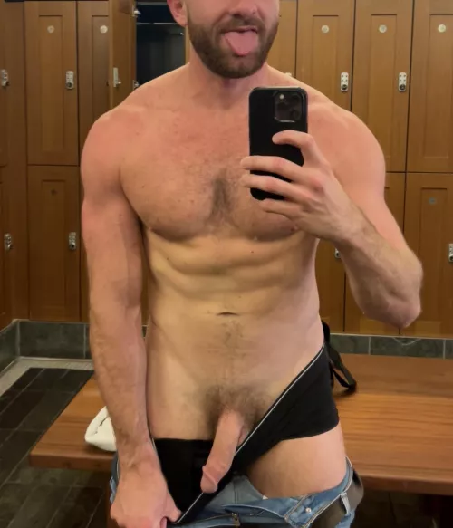Tongue and cock out in my locker room