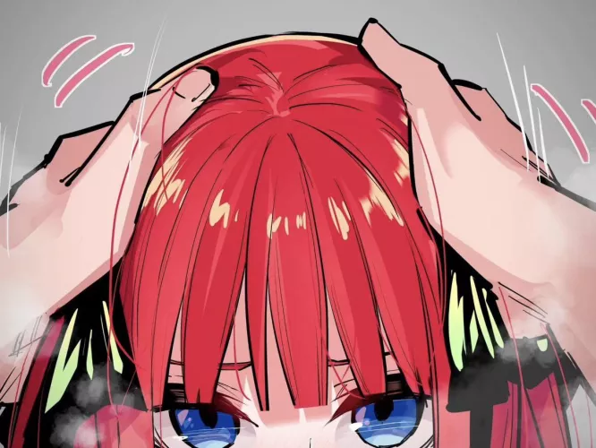 LF Color Source: 1girl, red hair, short hair, black hair bun, blue eyes, grabbing head