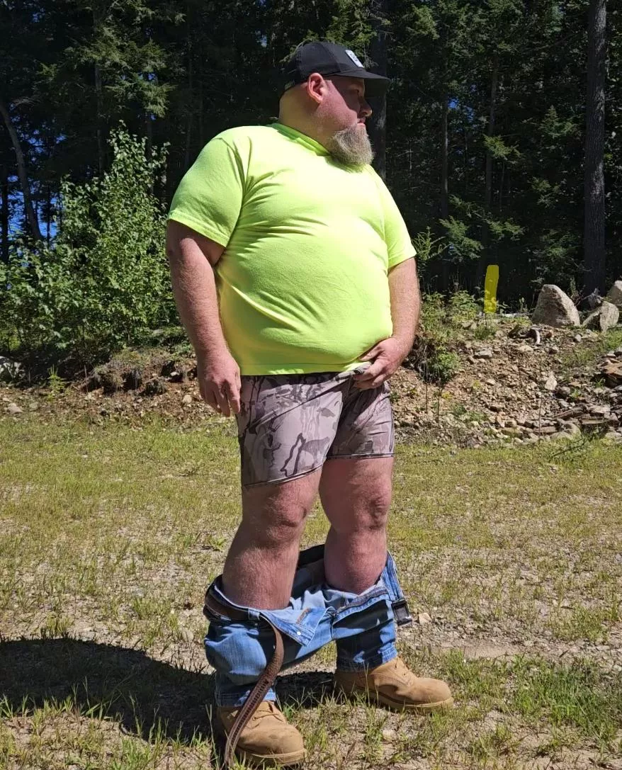 Outdoors and noone else around, jeans and workboots but gettin hot. u can get comfortable too [46]