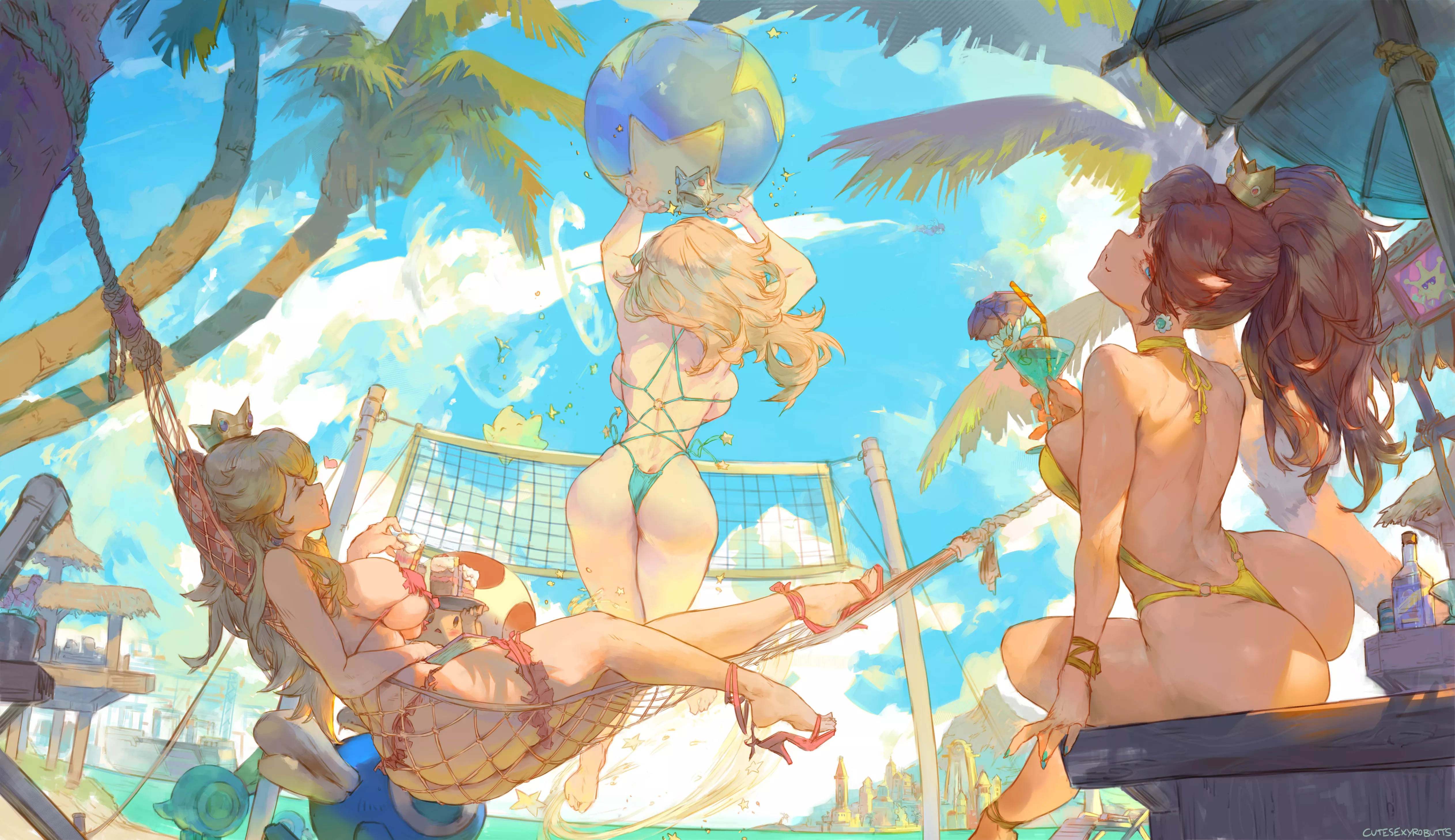 Princess Peach, Daisy and Rosalina enjoying a day at the Beach (CuteSexyRobutts) [Super Mario Bros.]