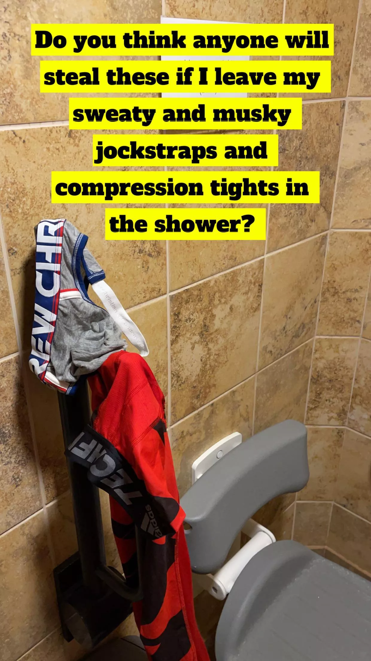 Took off the jockstraps and tights in the gym shower after working out. Feels good to let the cock and balls hang loose.