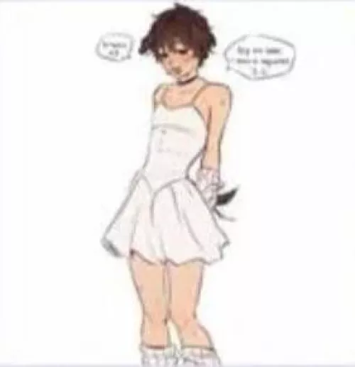 LF Mono Source: 1boy crossdressing blushing short_hair dress white_dress petplay dog_ears white_socks speech_bubbles