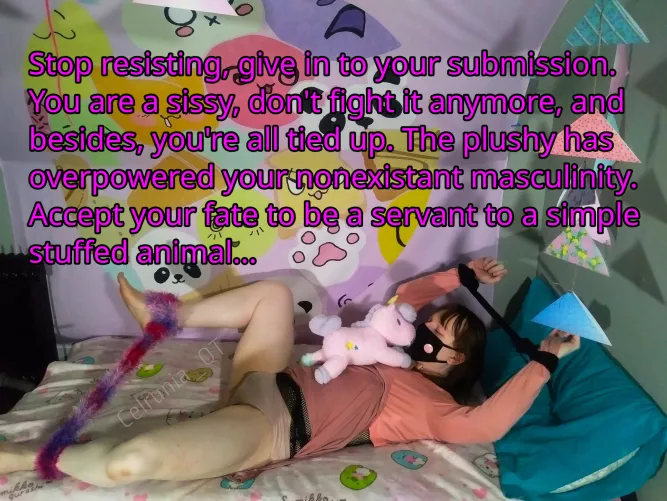 Tied sissy femboy submits to stuffed animal