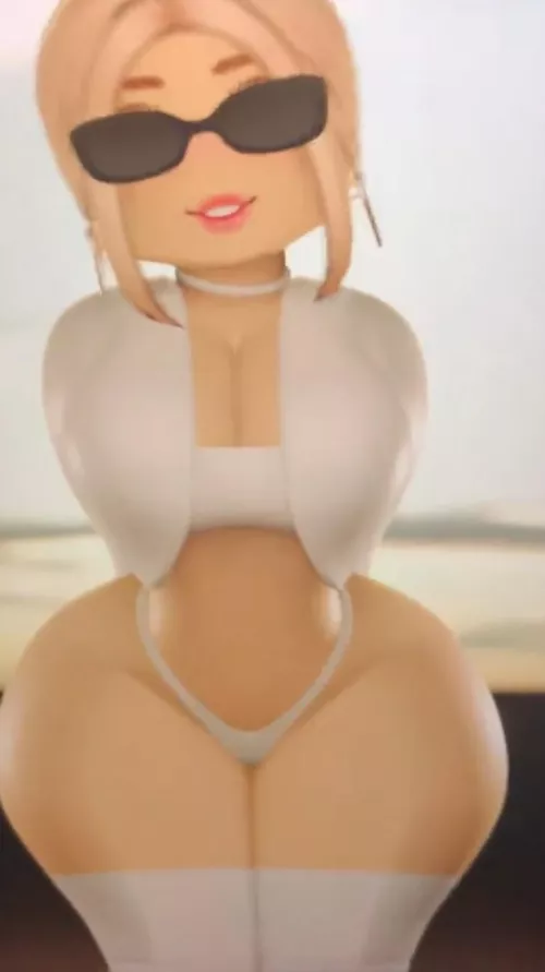 Color, large cleavage, black sunglasses, skin tone white, blonde hair, big curves, white shirt, arms behind back, white thong, (roblox)