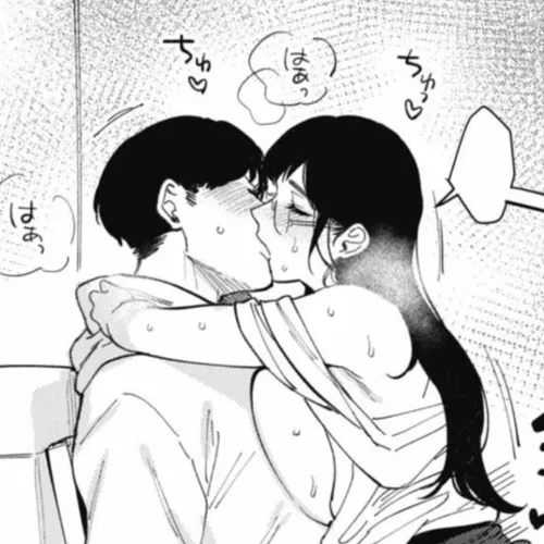 LF Mono Source: 1girl, 1boy, black hair, kiss, blush, glasses, closed eyes, heavy breathing, sweatdrop, hoodie, breasts out, breast press, hug, sfx