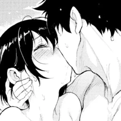 LF Mono Source: 1girl, 1boy, kiss, crying, sweating, nude, hand on another's neck, closed eyes, hair between eyes