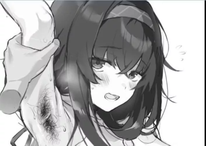Mono 1girl, arm grab, arm up, armpit, armpit hair, bags under eyes, bangs, black hair, blush, breath, close-up, crossed bangs, disembodied limb, face, flying sweatdrops, hair intakes, hairband, looking at viewer, lower teeth, open mouth, portrait, sidelo