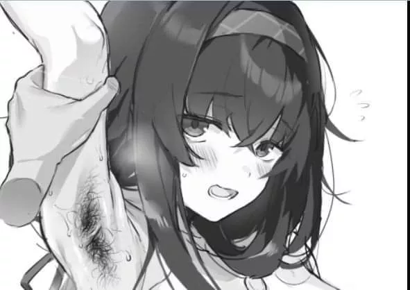 Mono 1girl, arm grab, arm up, armpit, armpit hair, bags under eyes, bangs, black hair, blush, breath, close-up, crossed bangs, disembodied limb, face, flying sweatdrops, hair intakes, hairband, looking at viewer, lower teeth, open mouth, portrait, sidelo