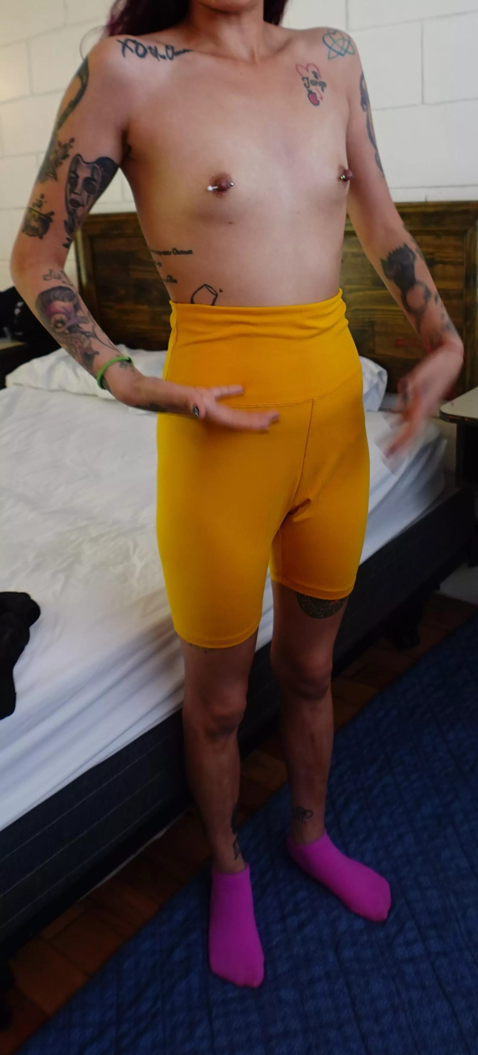 My tiny pierced nips in some yoga shorts