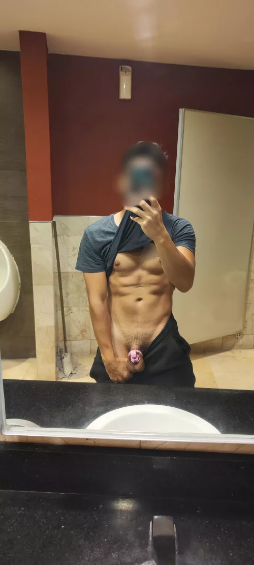 Showing off my cage in a public restroom😈