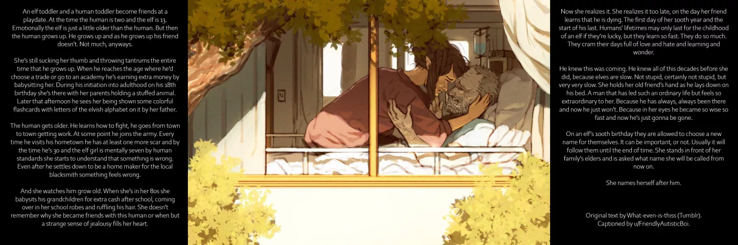 Elven Aging Story [F/M] [elf] [bitter sweet] [wholesome?] [feels] [no sex] [human reader] (NOT MY OWN TEXT) {text: what-even-is-this} {artist: unknown}