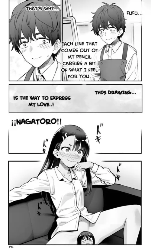 Lf mono source: 1girl, 1boy, glasses, nude, censored “Fufu”, “Each line that comes out of my pencil carries a bit of what I feel, that’s why…”, “this drawing …. Is to express my love”, “¡¡nagatoro!!”