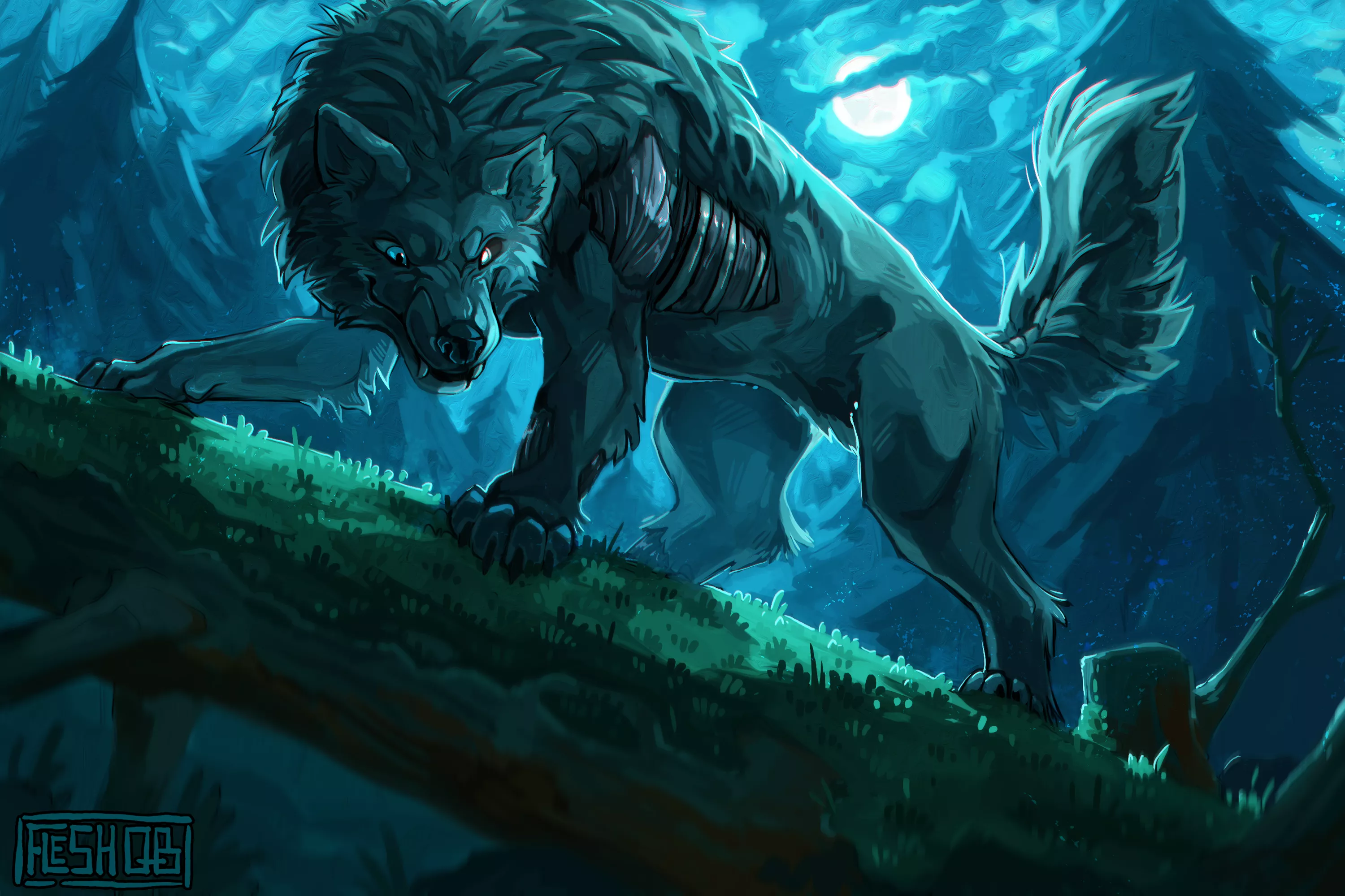 [X] Big ol' goofy werewolf/shapeshifter- though scary at night! Commission done for Plueschfuchs on dA (: